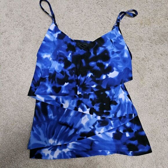 Magicsuit Tiered Tankini Swim Top Blue Tie Dyed V-Neck Bra Adjustable Size 8 - Picture 1 of 9